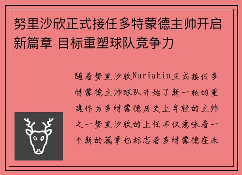 努里沙欣正式接任多特蒙德主帅开启新篇章 目标重塑球队竞争力