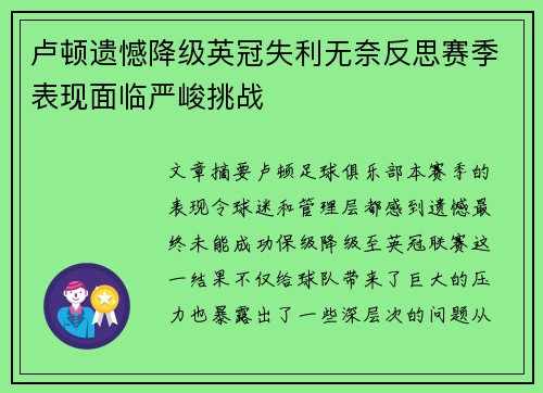 卢顿遗憾降级英冠失利无奈反思赛季表现面临严峻挑战