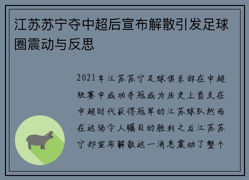 江苏苏宁夺中超后宣布解散引发足球圈震动与反思
