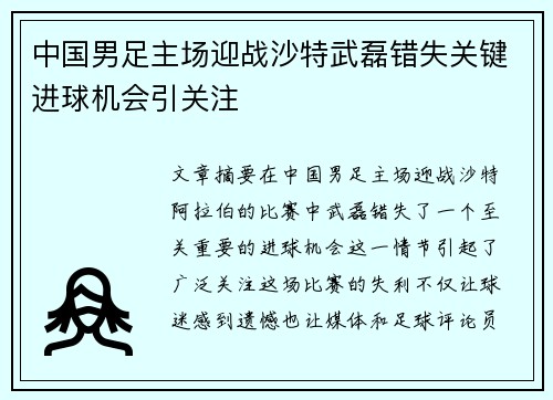 中国男足主场迎战沙特武磊错失关键进球机会引关注